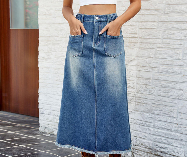 Maxi denim skirt for women with elastic waistband and practical pockets Lune London
