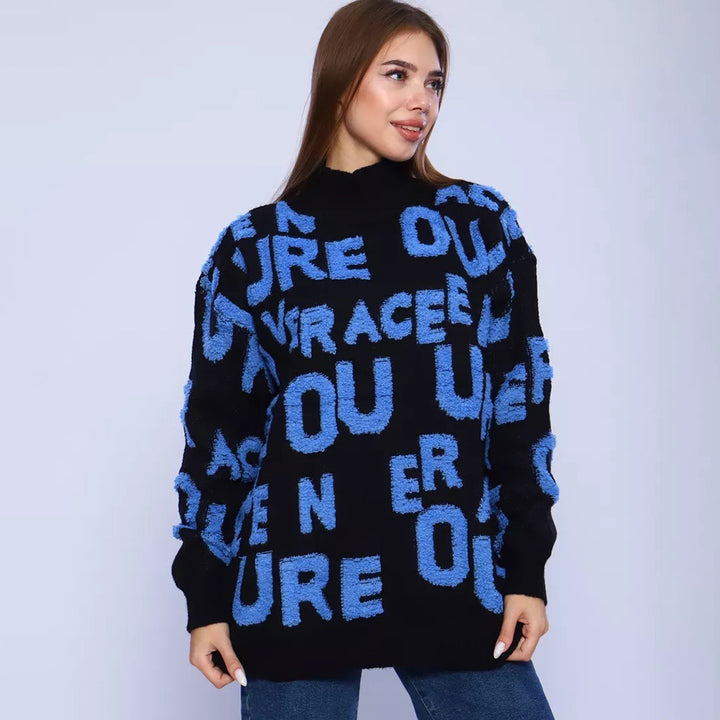Pull en maille épaisse pour femme avec lettrage frappant et col montant Chic & Stil