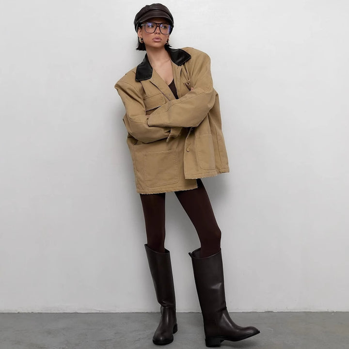 Casual oversized jacket for women with leather collar and practical pockets Lune London