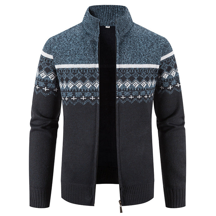 Men's knitted jacket with modern Norwegian pattern and high collar Lune London