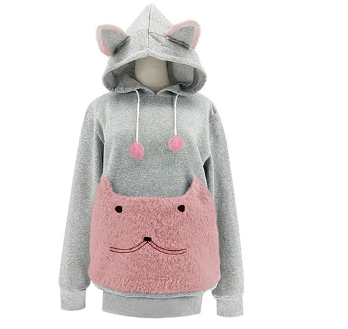 Ladies Cozy Hoodie with Cat Motif and Practical Kangaroo Pocket Lune London