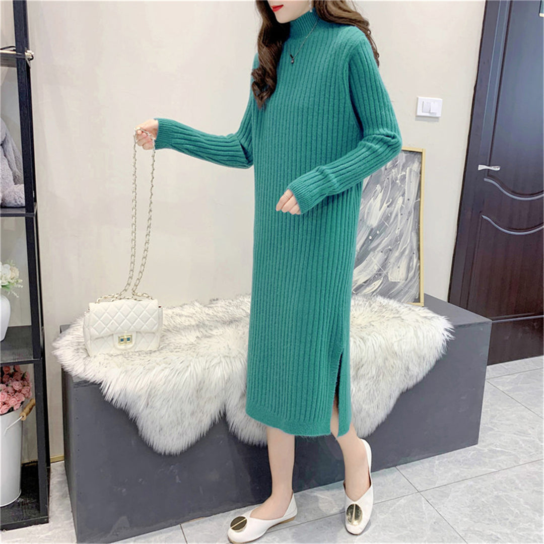 Maxi knit dress for women with high collar and fine ribbed structure Lune London