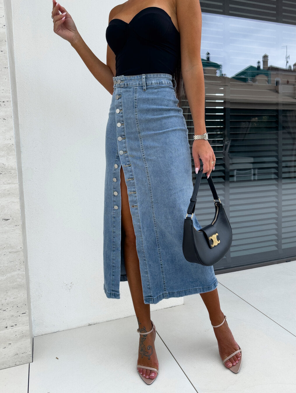 Denim skirt for women with side button closure Lune London