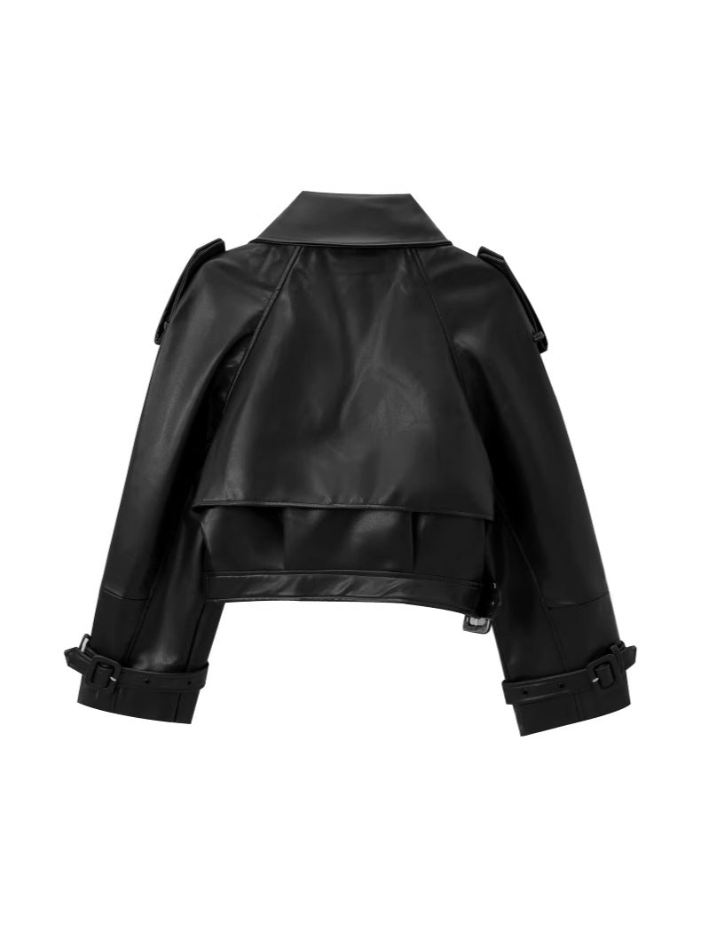 Women's Cropped Leather Motorcycle Jacket with Asymmetric Lapel Lune London