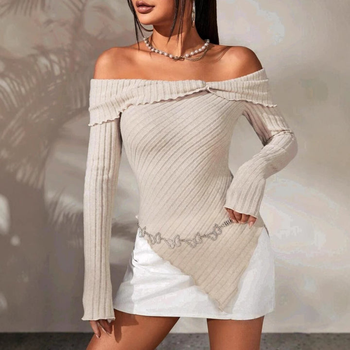 Women's ribbed knit top with Bardot neckline and Lune London decoration