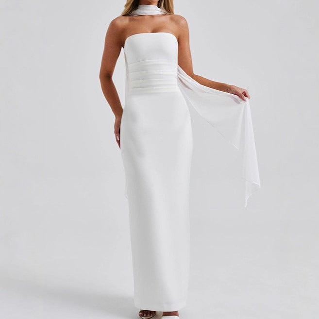 Lune London Women's Strapless Maxi Dress with Sheer Sleeve Accents and Fitted Cut