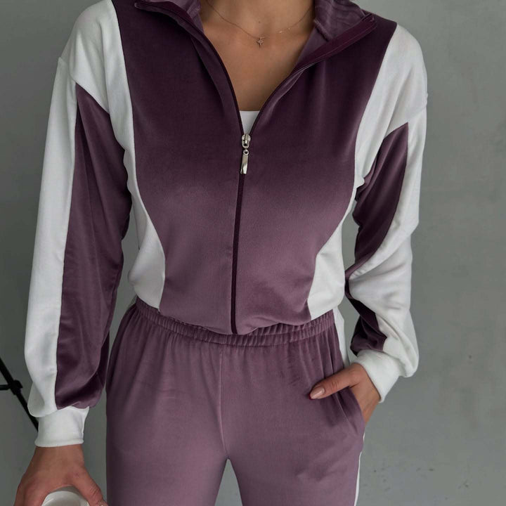 Lune London women's sporty velvet tracksuit with zipper and side stripes