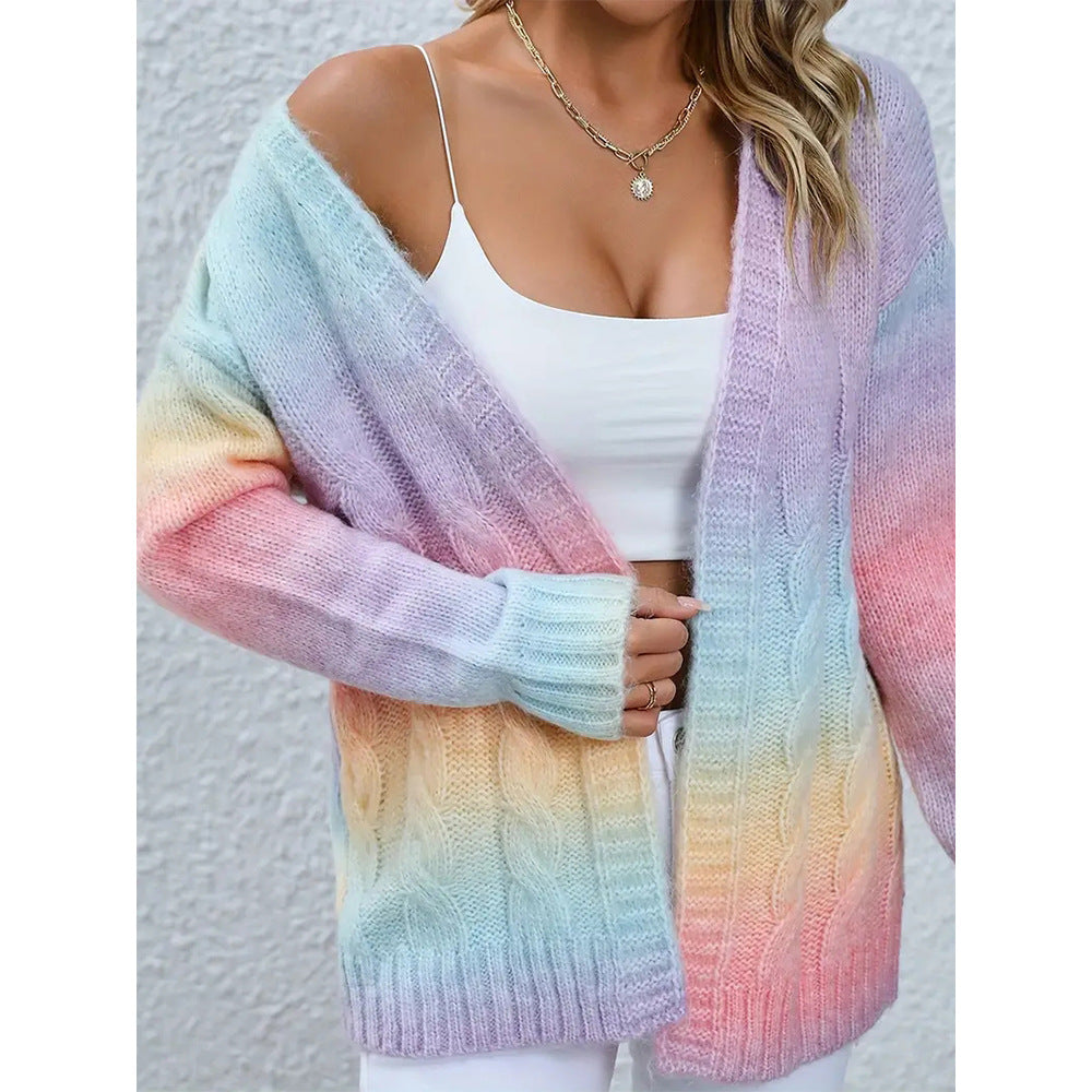 Women's casual knit cardigan with gradient colors and open edges Chic and Style