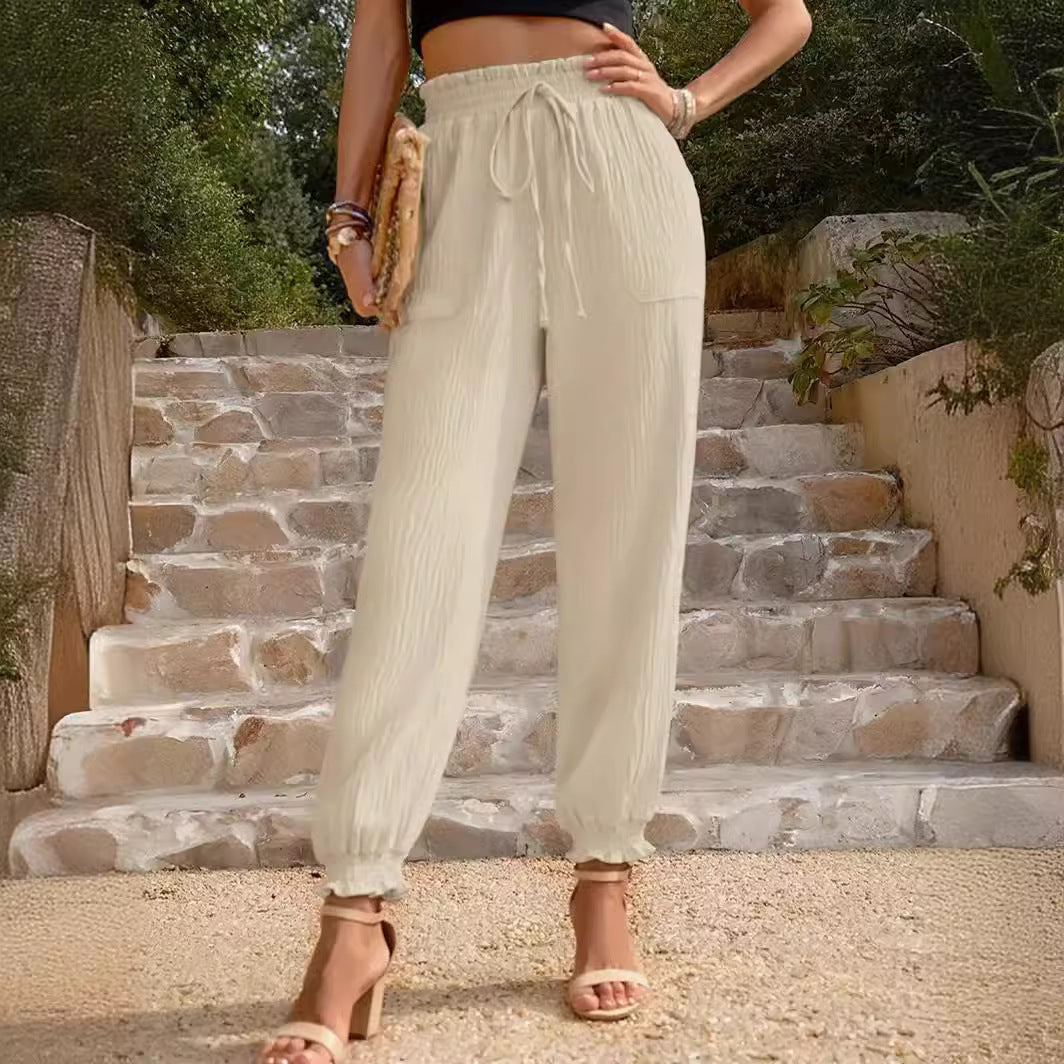 Casual fabric pants for women with deep pockets and an elastic waist Lune London