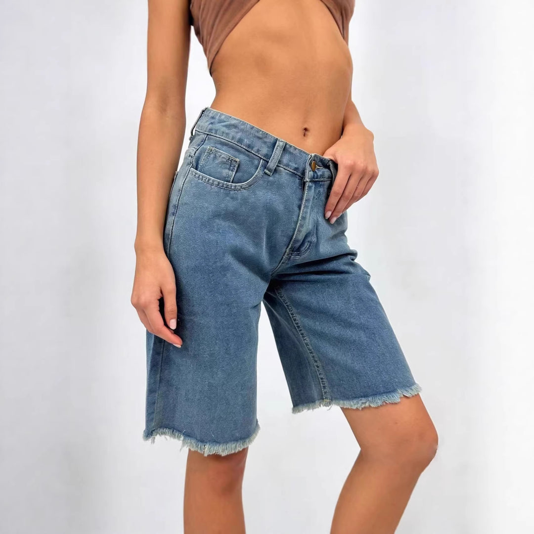 Women's Casual Denim Shorts with Frayed Hem and High Waist Lune London