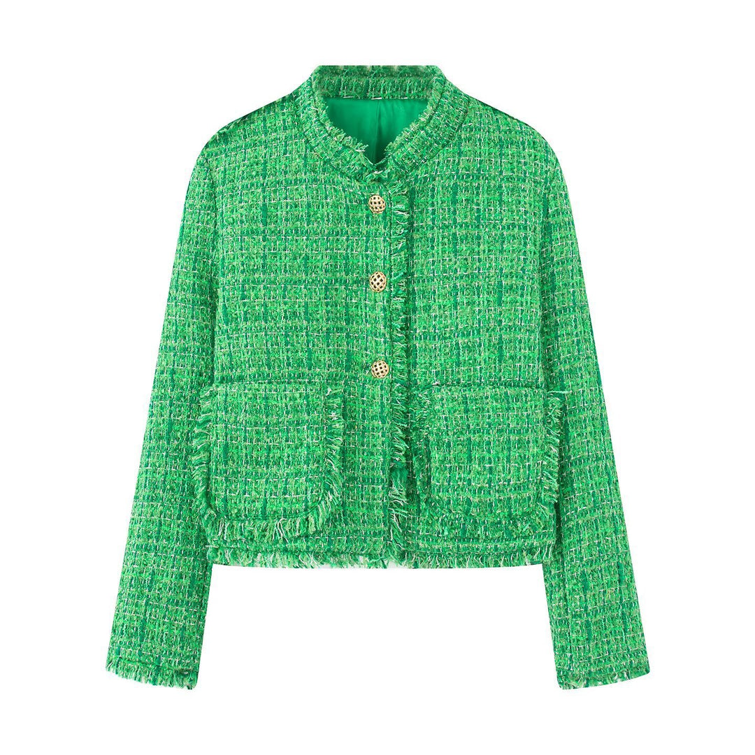 Elegant tweed jacket for women with fringes and luxurious buttons Lune London