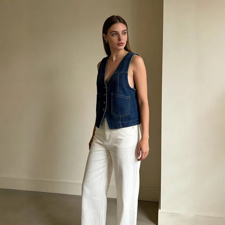 Women's Casual Denim Vest with Button Details and Patch Pockets Lune London