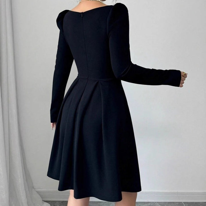 Ladies Elegant Mini Dress with narrow square neckline and fine ruffle trim Lune London