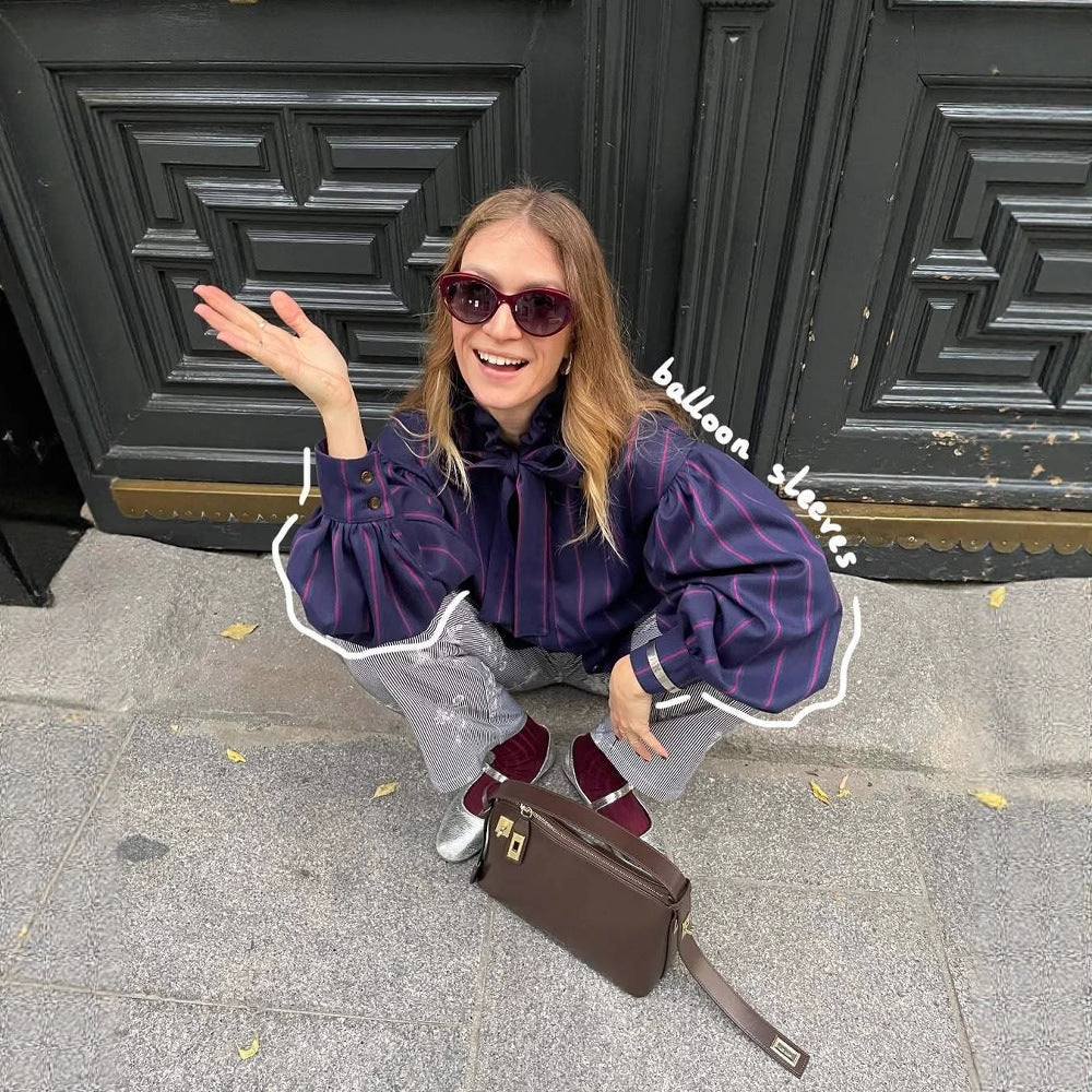 Long sleeve shirt for women with a striped design and a ruffled collar Lune London