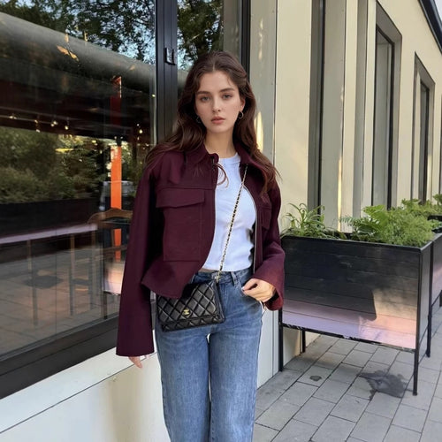 Women's wool blend jacket with large chest pockets Lune London