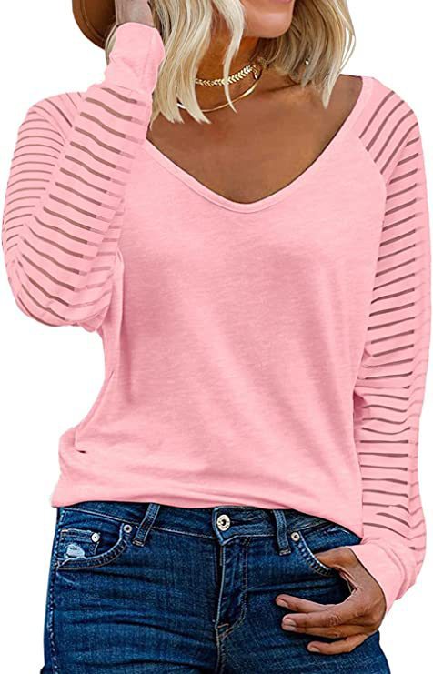 Woman V-neck top with transparent striped sleeves Lune London