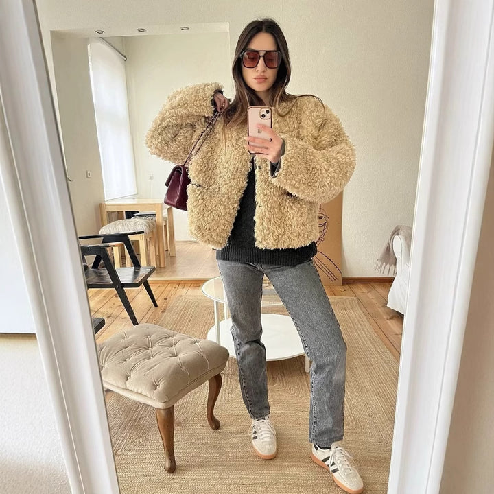 Ladies Fuzzy Short Jacket with a unique structure and a casual chic fit