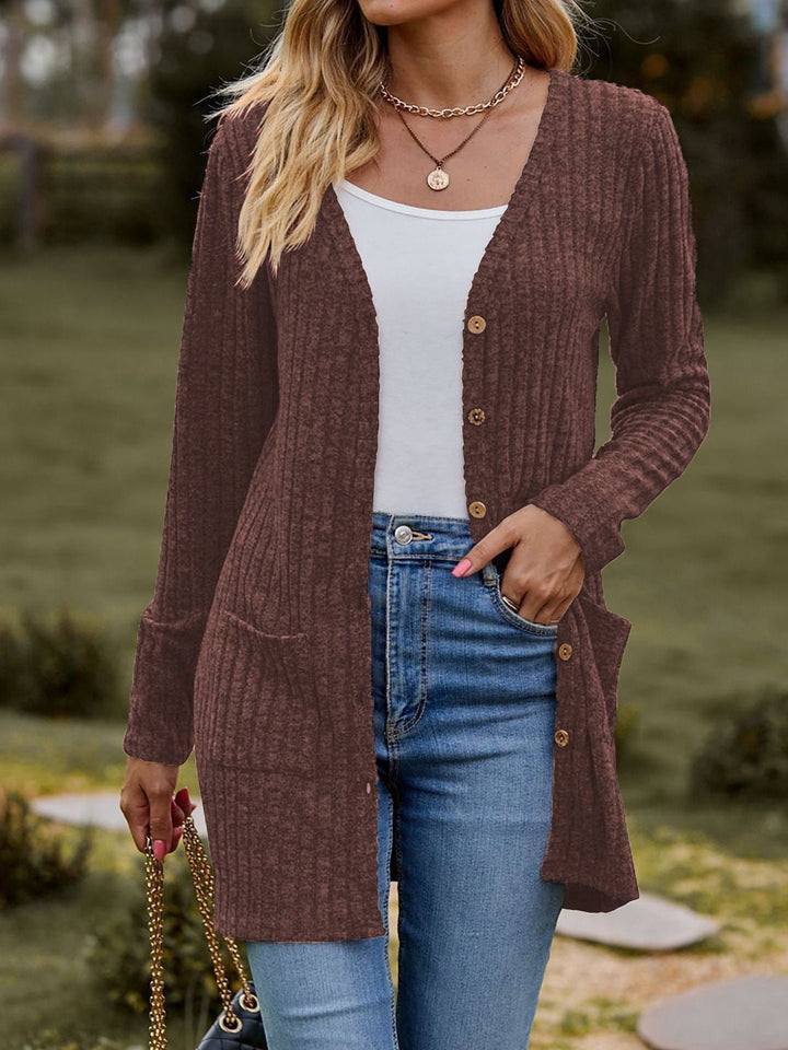 Women's knitted jacket with V-neck and practical pockets Lune London