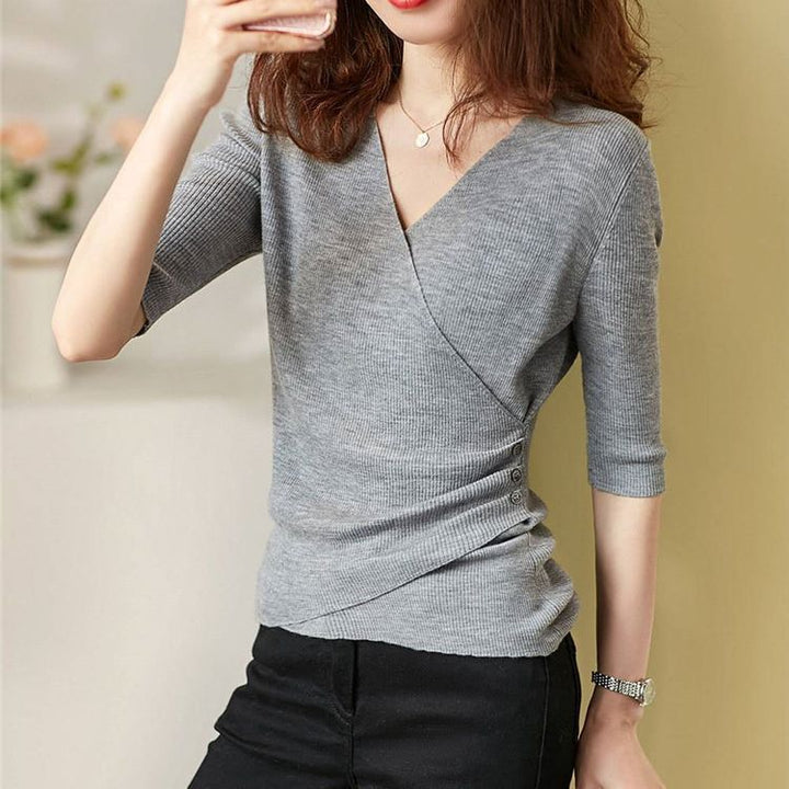 Wrap sweater for women with a fine rib design and button details Lune London