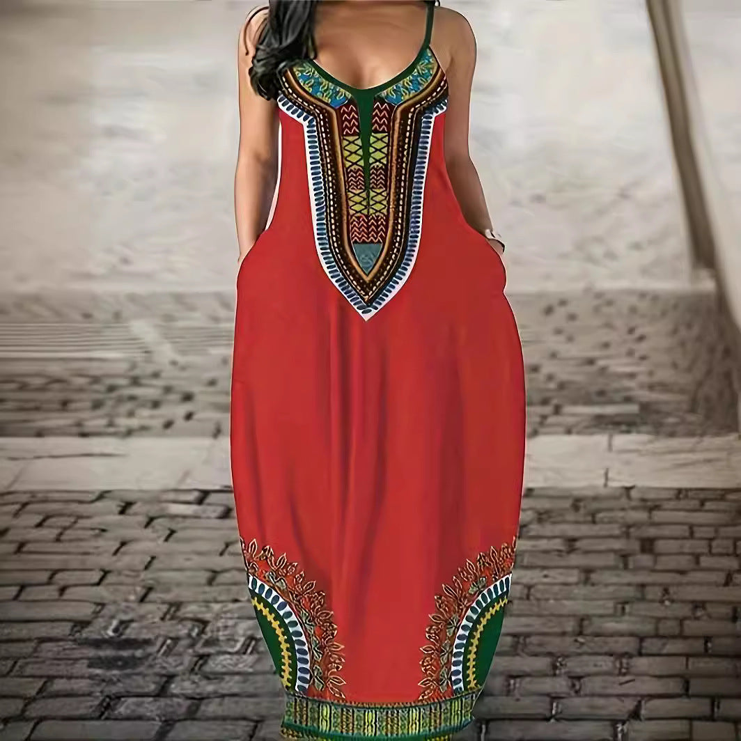 Maxi dress for women with modern ethnic print and practical side pockets Lune London