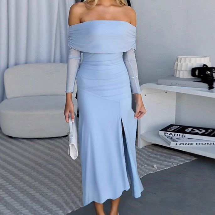 Chic maxi dress for women with off-shoulder design and side slit Lune London
