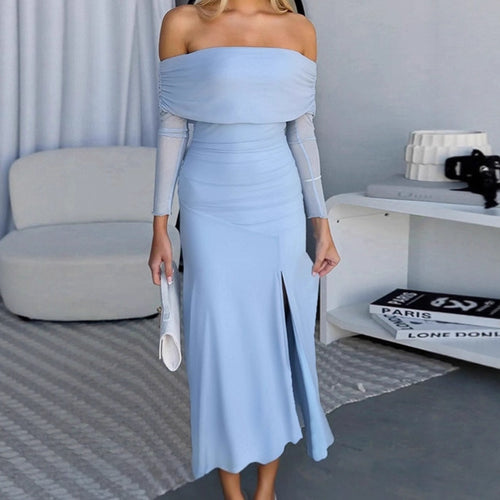 Chic maxi dress for women with off-shoulder design and side slit Lune London