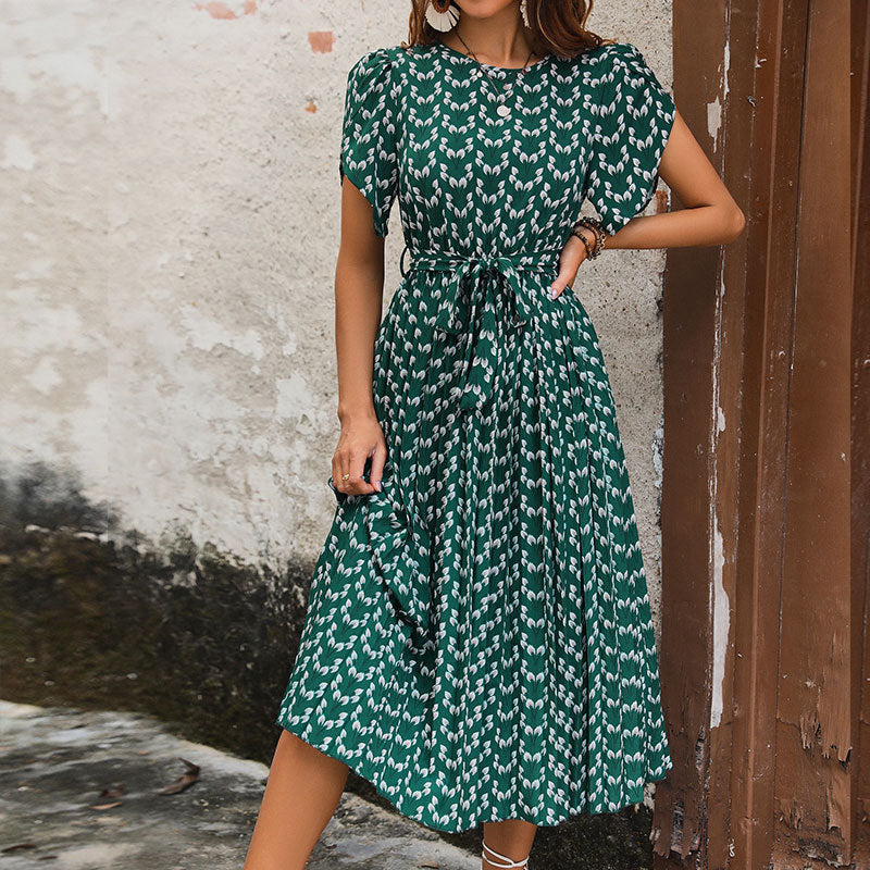 Midi dress for women with a belt at the waist and puff sleeves Lune London