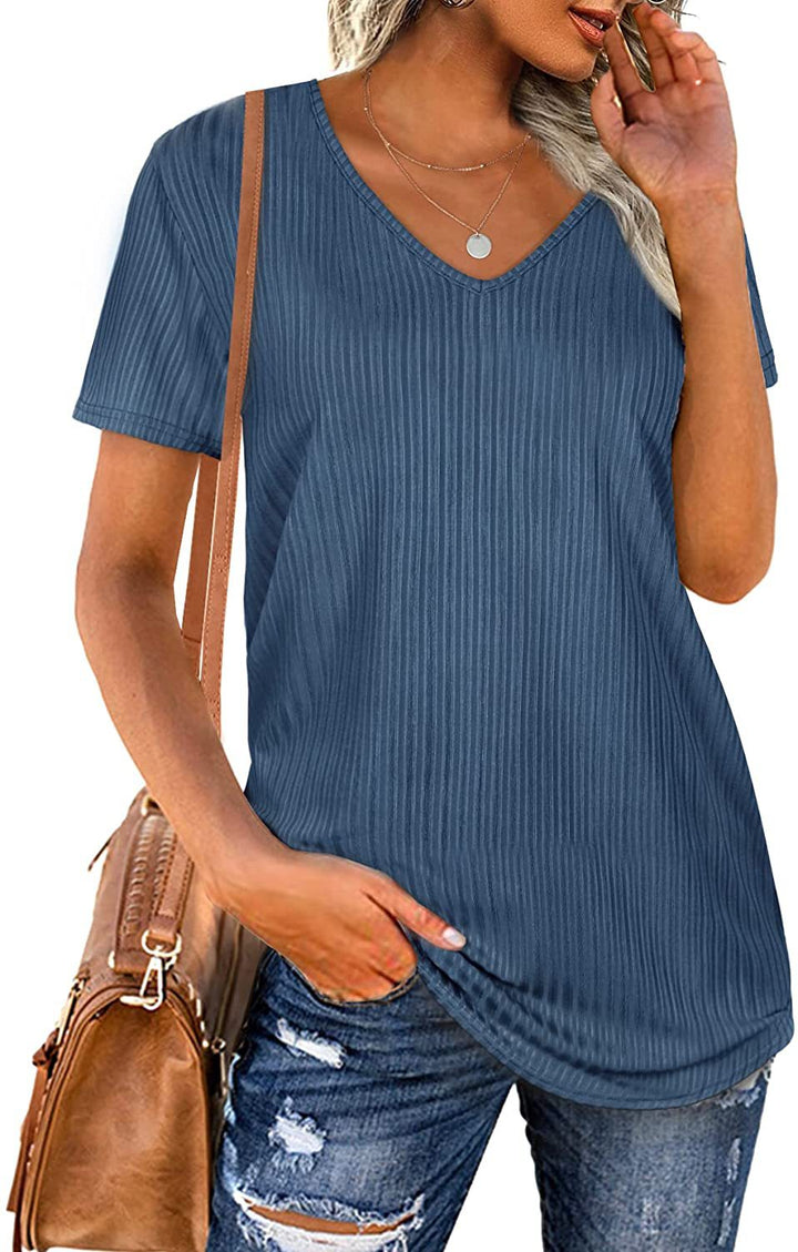 Viscose T-shirt for women with a fine ribbed knit pattern and a casual V-neck Lune London