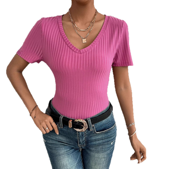 Women’s V Neck Short Sleeve Blouse with Fine Rib Structure Chic & Style