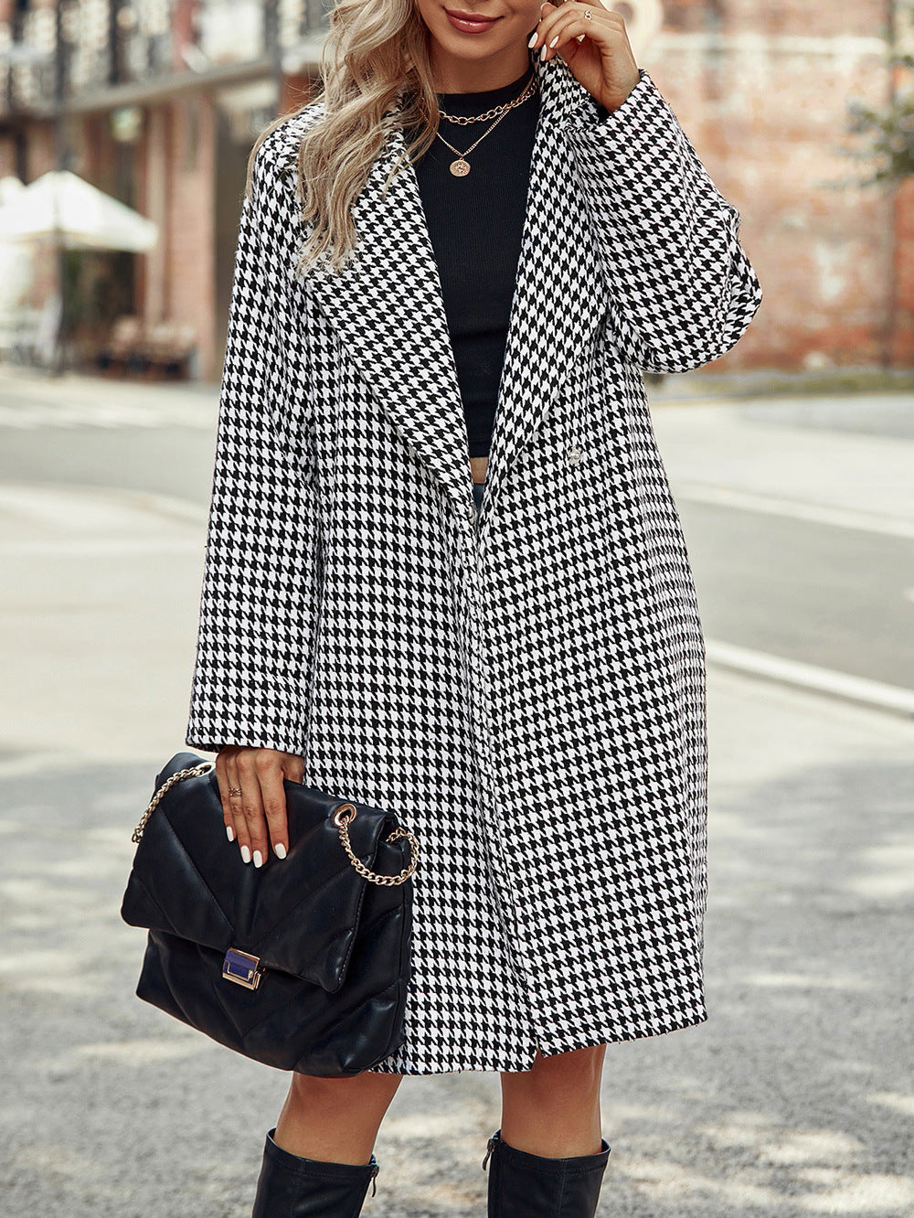 Women Elegant Transition Coat with Houndstooth Pattern Lune London