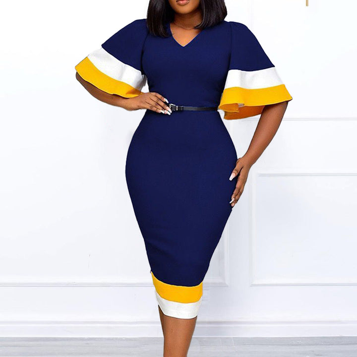 Ladies Elegant V Neck Dress with Contrasting Flutter Sleeves and Chic Waist Belt