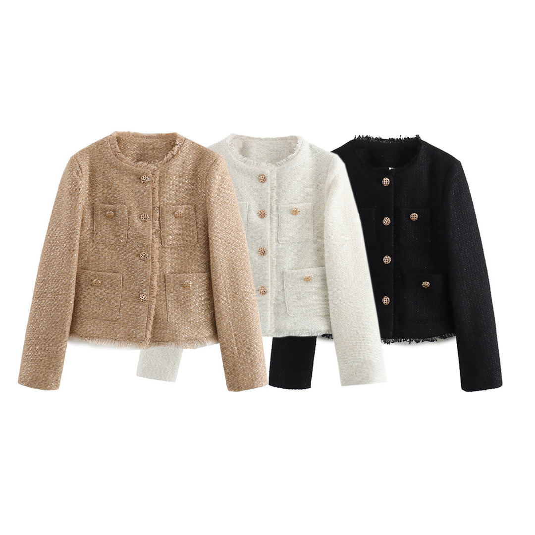 Elegant women's blazer cropped with textured fabric and gold button details Lune London