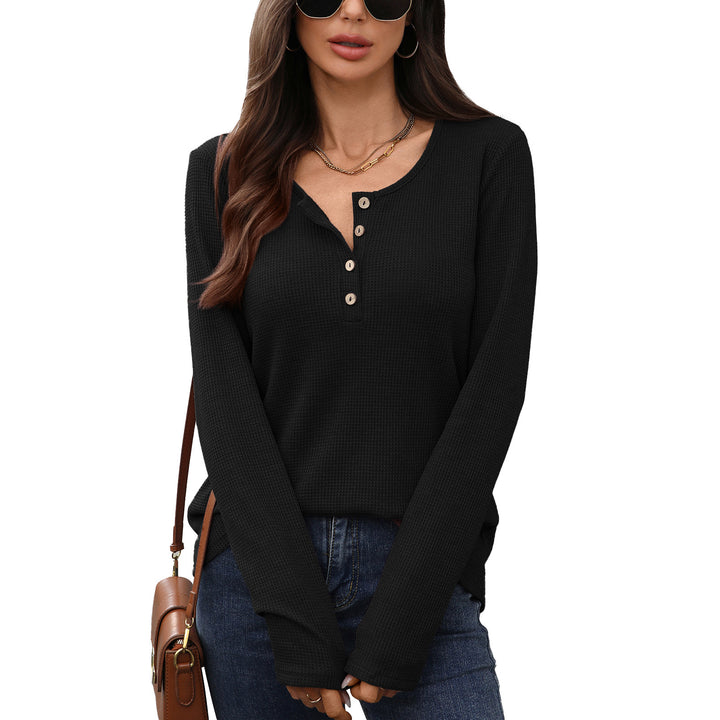 Long sleeve waffle knit t-shirt for women with button placket Lune London