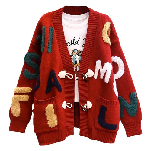 Women’s knit jacket with colorful letter pattern and practical pockets Lune London