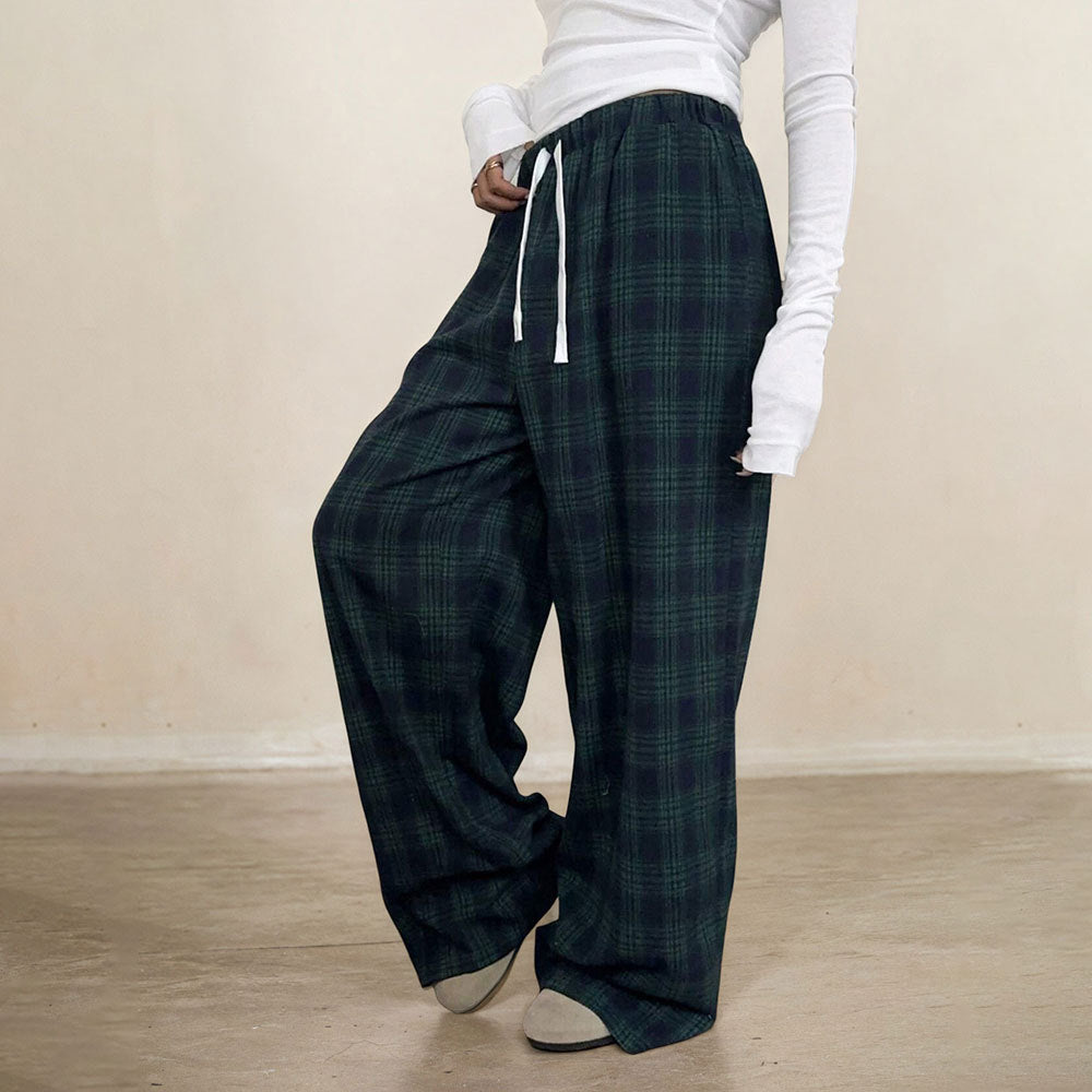 Pantalons à carreaux décontractés pour femmes avec taille élastique et cordon de serrage ajustable Chic & Stil