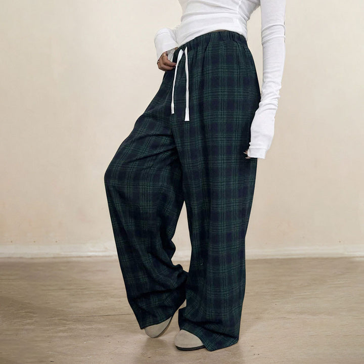 Pantalons à carreaux décontractés pour femmes avec taille élastique et cordon de serrage ajustable Chic & Stil