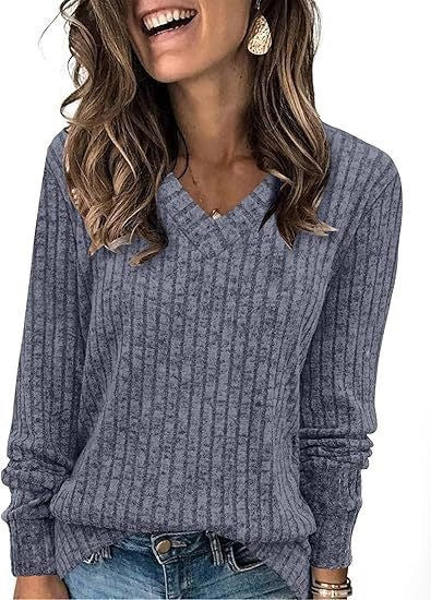Knit sweater for women with V-neck and structured ribbed design Lune London
