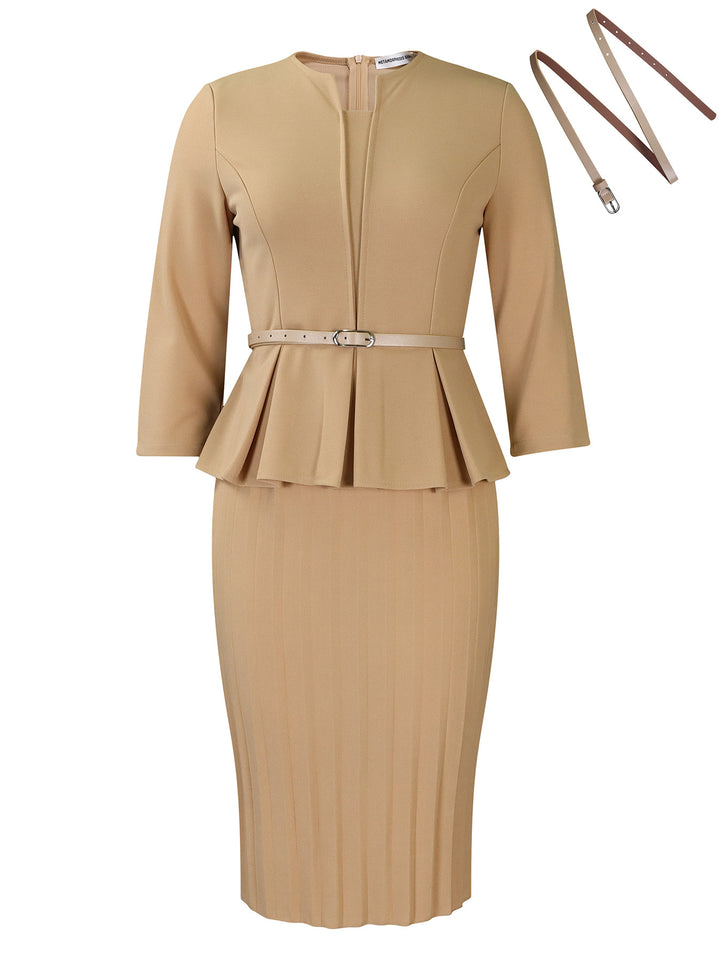 Elegant peplum dress for women with integrated waist belt and structured skirt Lune London