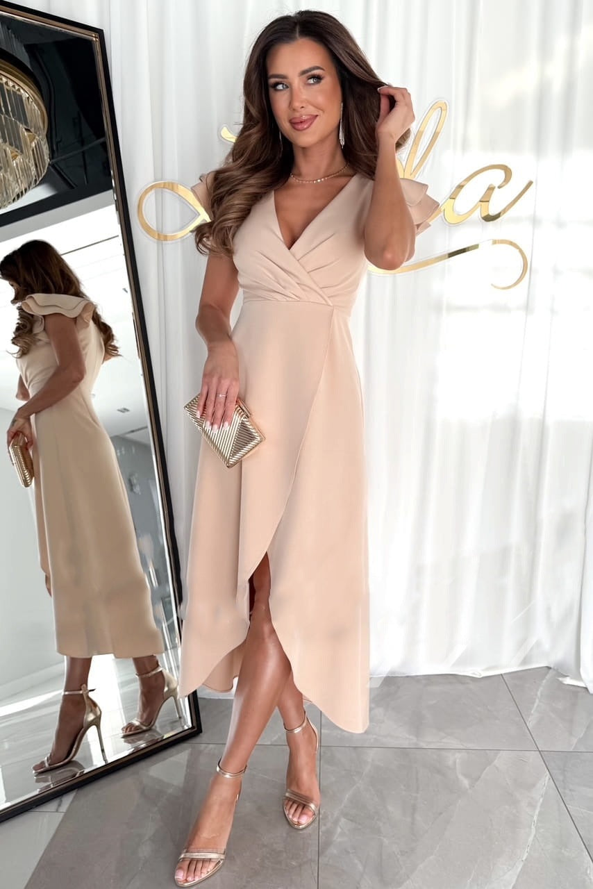 Elegant midi dress with wrap neckline for women with frill sleeves Lune London
