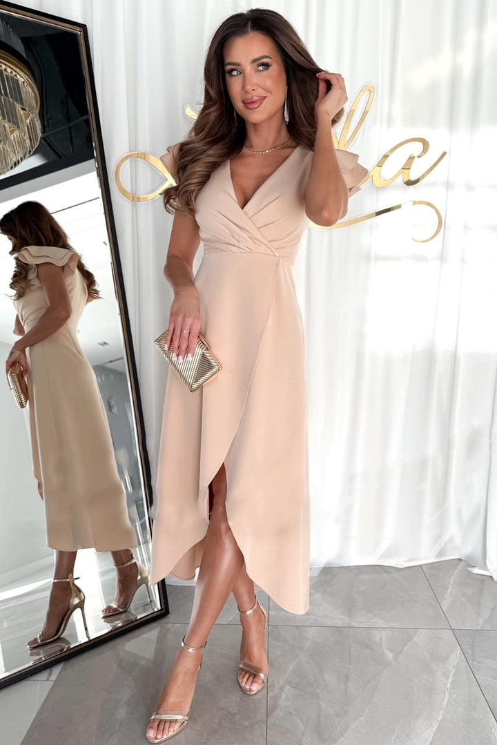 Elegant midi dress with wrap neckline for women with frill sleeves Lune London