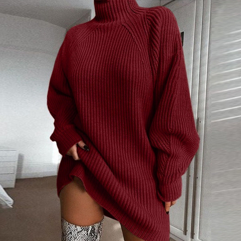 Chunky knit sweater for women with high turtleneck and side slit Lune Londonl