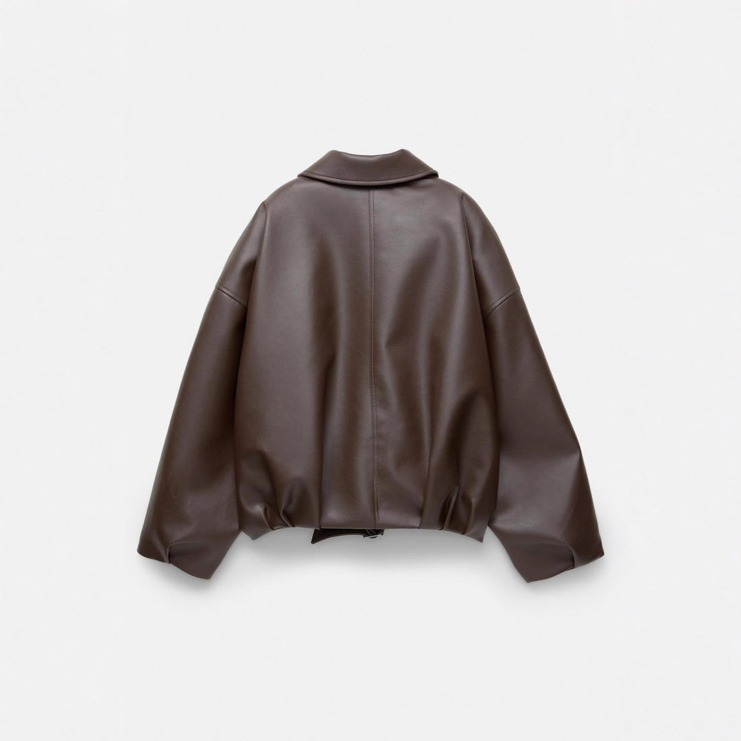 Casual faux leather jacket for women with wide collar and belt Lune London