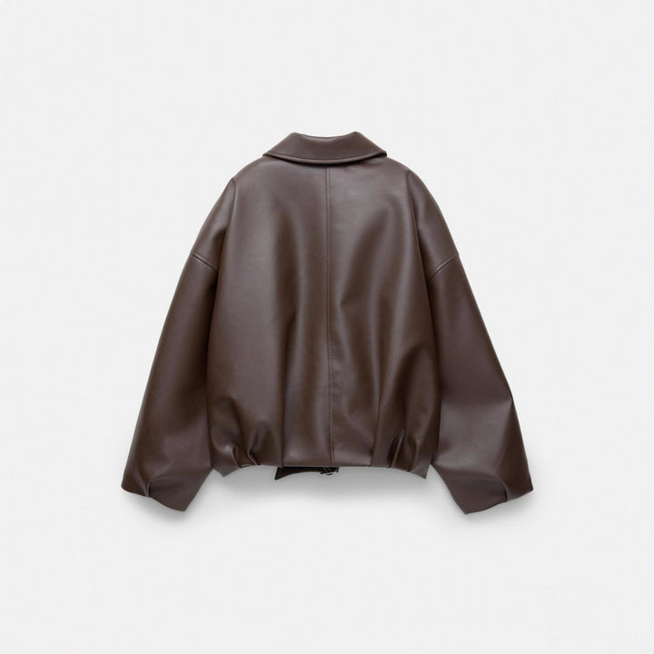 Casual faux leather jacket for women with wide collar and belt Lune London