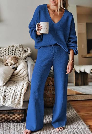 Dames Ensemble tricot confortable avec décolleté en V et jambe large Lune London