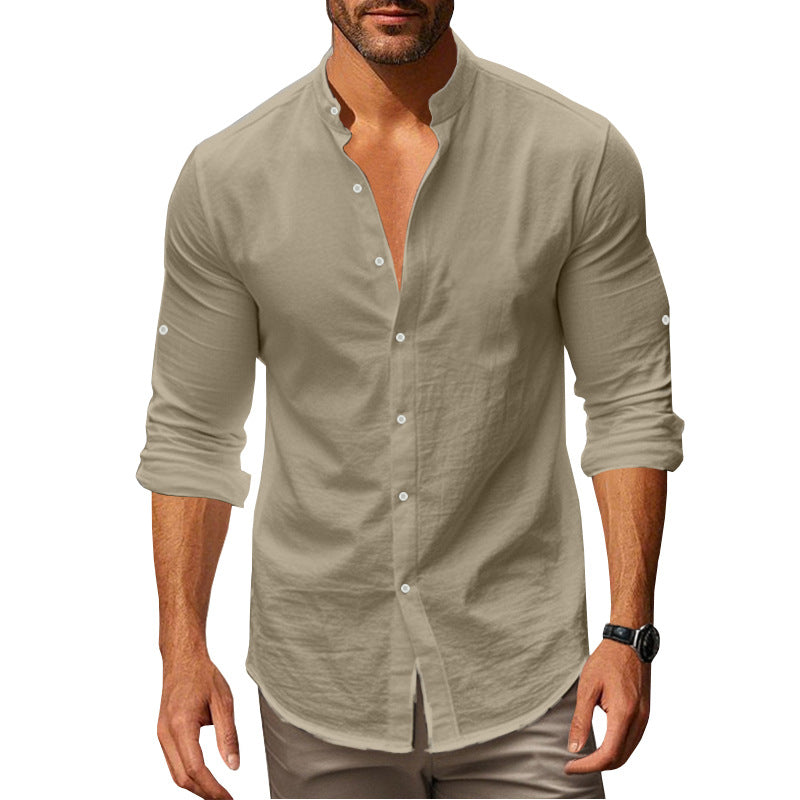 Men's Long Sleeve Shirt with Trendy Stand Collar and Chic Button Details