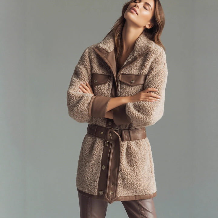 Teddy jacket for women with leather details and adjustable belt Lune London