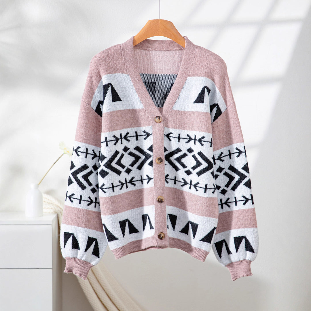 Comfortable knitted jacket for women with decorative ethnic pattern and open cut Lune London