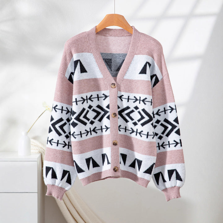 Comfortable knitted jacket for women with decorative ethnic pattern and open cut Lune London
