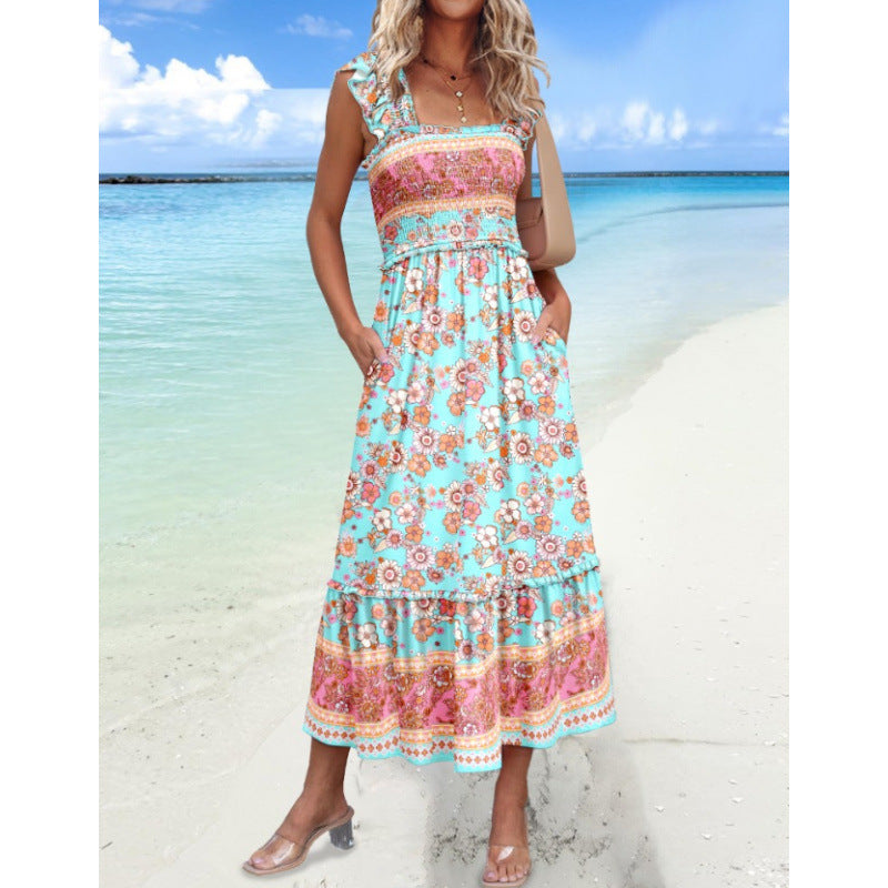 Maxi tiered dress for women with adjustable straps and pockets Lune London