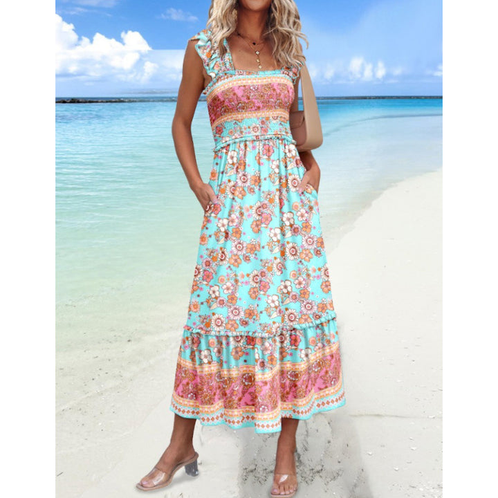 Maxi tiered dress for women with adjustable straps and pockets Lune London